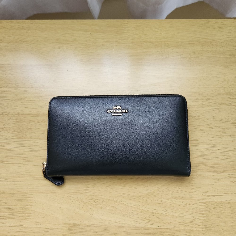 Coach Continental Wallet, Leather, Black/Gold Accents